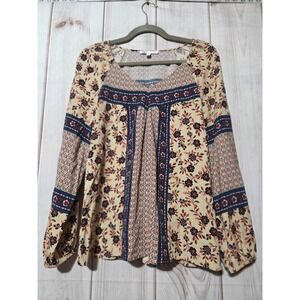 DR2 Womens Floral Patchwork Chiffon Peasant Blouse Tan Navy Blue Medium